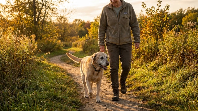 Senior labrador walking happily on a nature trail