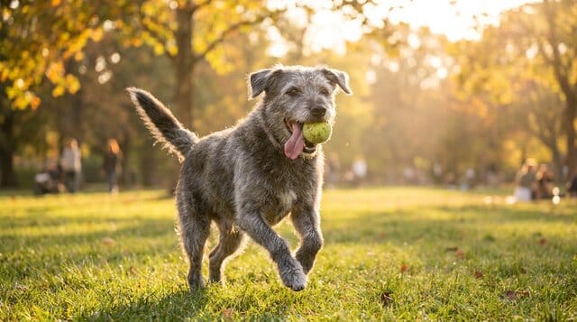 Energetic senior mixed breed dog playing in a park with a ball
