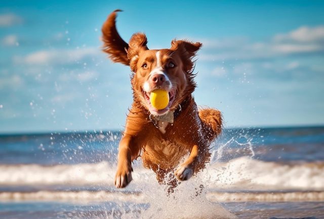 An athletic brown dog with a yellow ball leaps and splashes on the shore of a beach