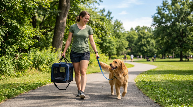 Dog owner walking with their dog and portable travel crate in a park