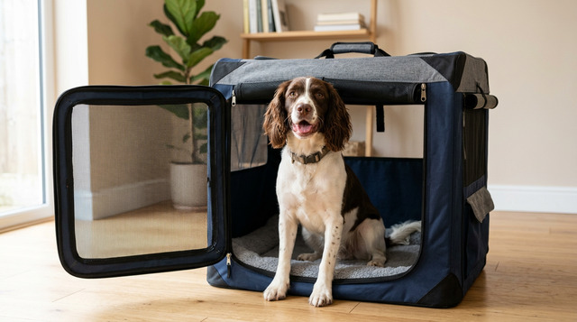 Dog sitting comfortably inside a soft-sided travel crate