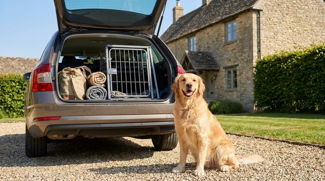 Dog ready for a road trip with travel crate packed in car