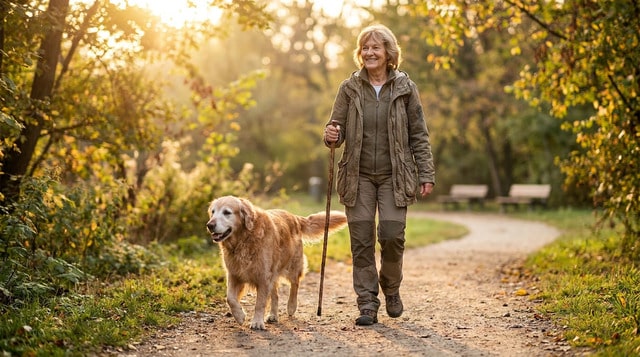 Happy dog walking confidently on a sunny trail