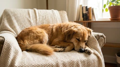 Content adult dog relaxing comfortably on a blanket