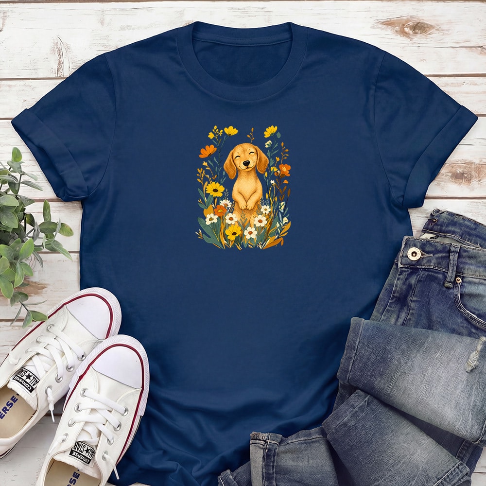 Dachshund Flowers Standard Tee Navy