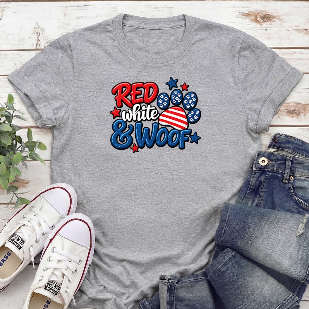 Red White Woof Standard Tee Heather Grey