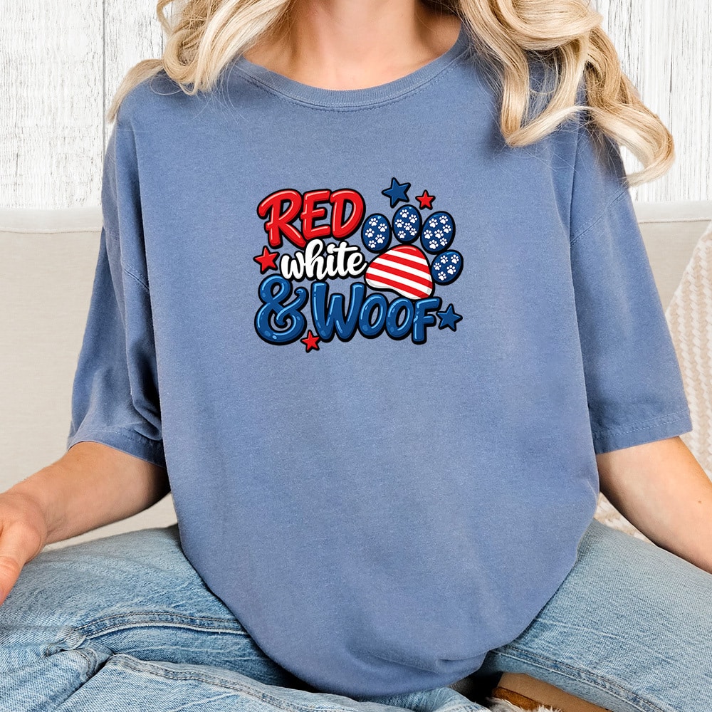 Comfort Colors Red White Woof Vintage Washed Tee - Blue Jean