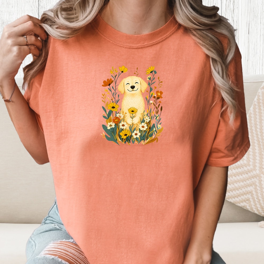 Comfort Colors Spring Flowers Pup Vintage Washed Tee - Terracotta