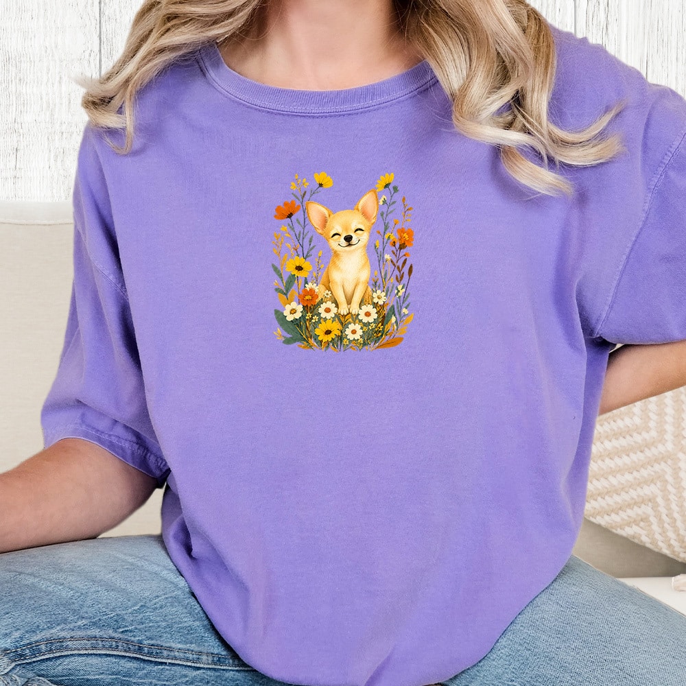 Comfort Colors Chihuahua Flowers Vintage Washed Tee - Violet