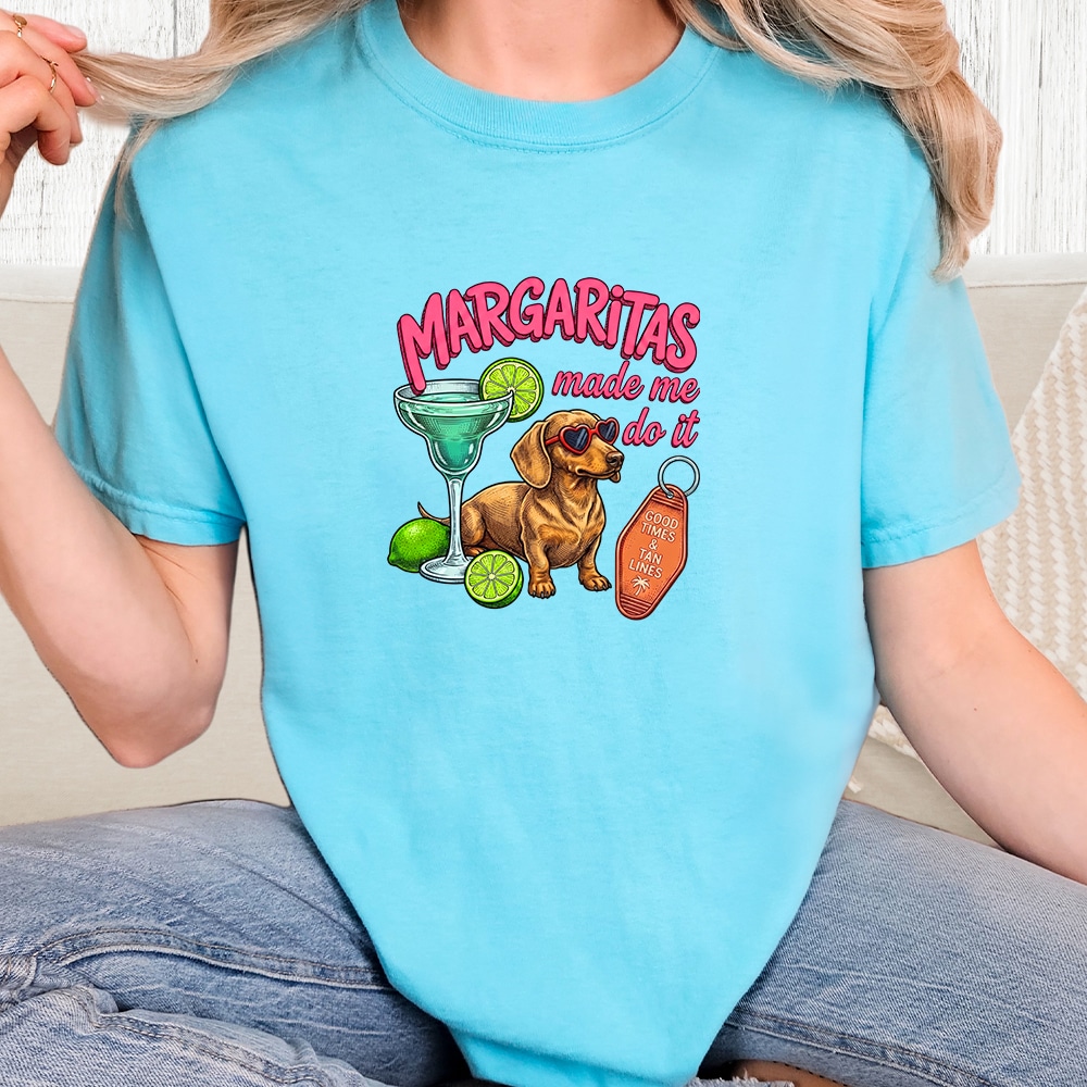 Comfort Colors Margaritas Made Me Do It Dachshund Vintage Washed Tee - Lagoon Blue