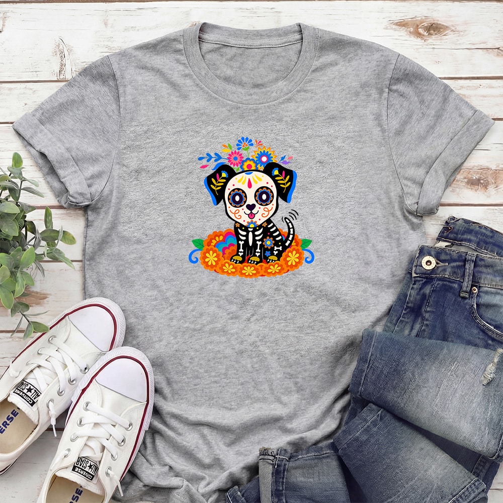 Sugar Skull Puppy Standard Tee Heather Grey