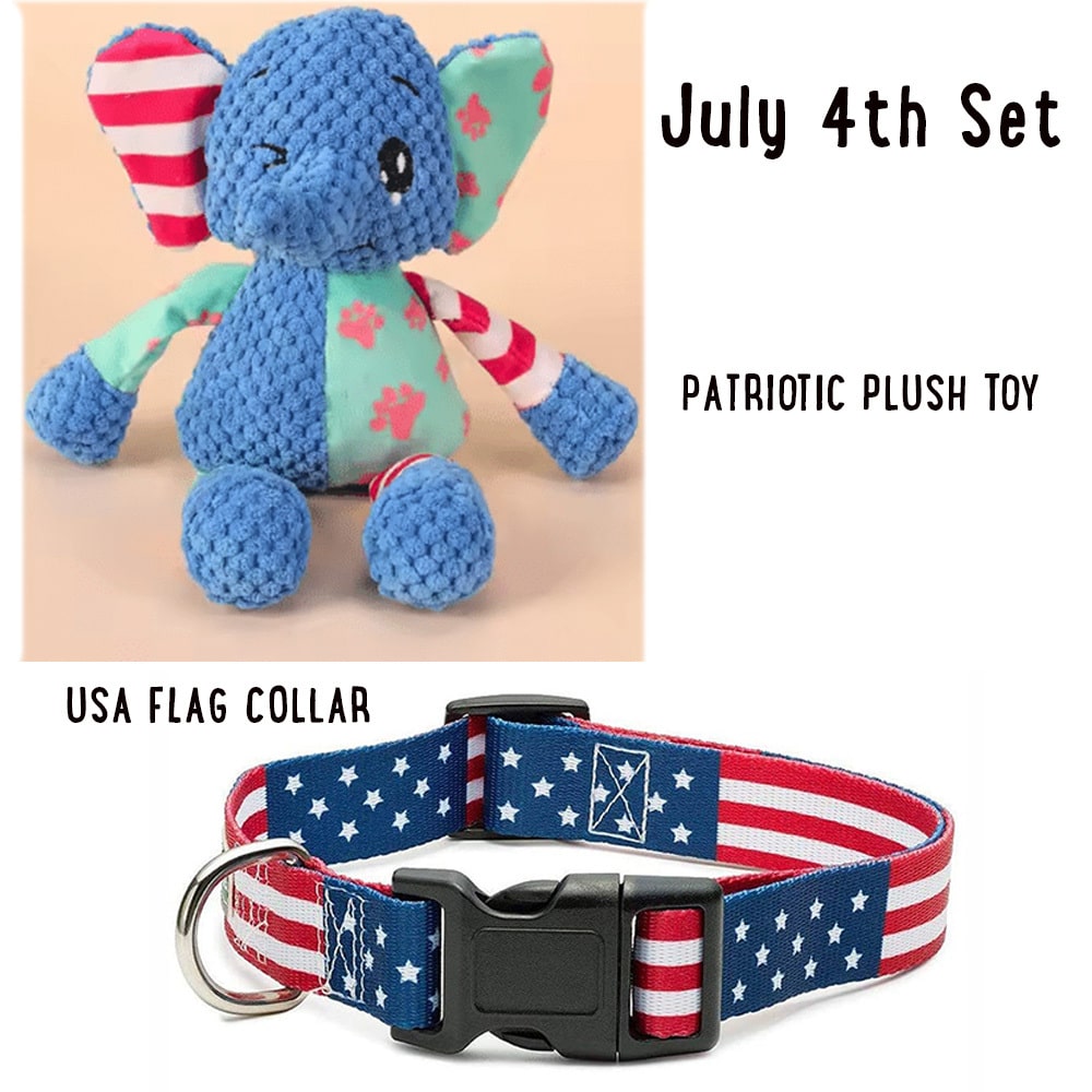 Fund 7 Meals for $7 and Get USA American Flag Dog Collar S-XL and Winky the Elephant Dog Plush Toy