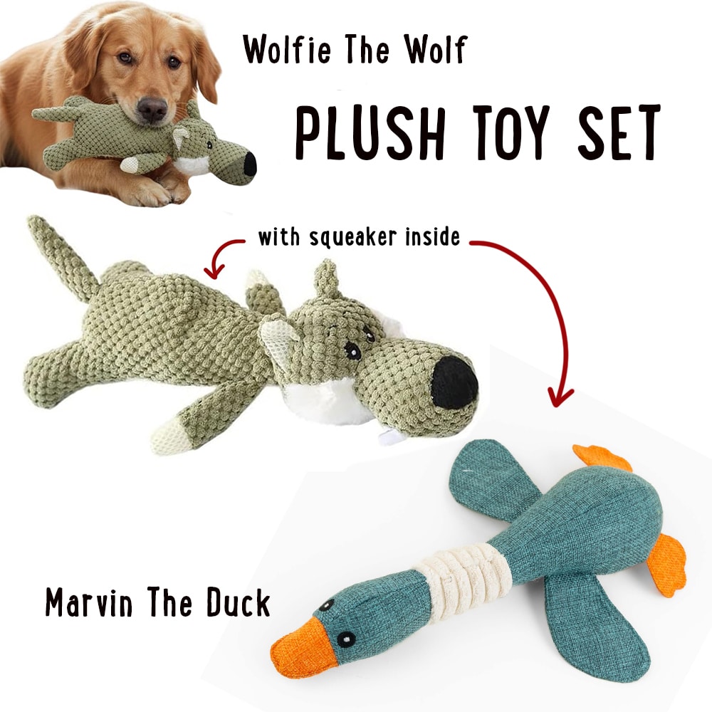 Fund 7 Meals for $7 and Get Wolfie The Plush Dog Toy and Marvin The Mallard Duck Dog Plush Toy