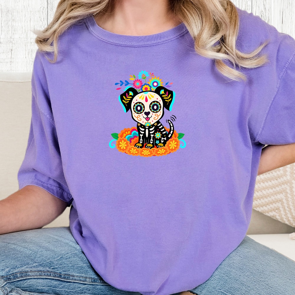 Comfort Colors Sugar Skull Puppy Vintage Washed Tee - Violet