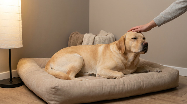 Person gently petting a calm labrador retriever on a dog bed