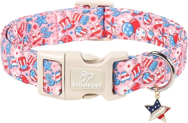 Cute pink patriotic dog collar with American flag print and star charm