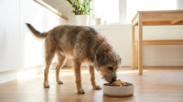 Dog eating food with multivitamin powder supplement sprinkled on top