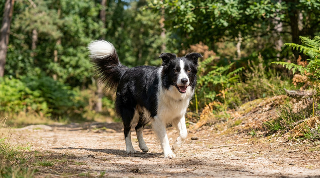 Happy confident border collie walking on a nature trail on a sunny day