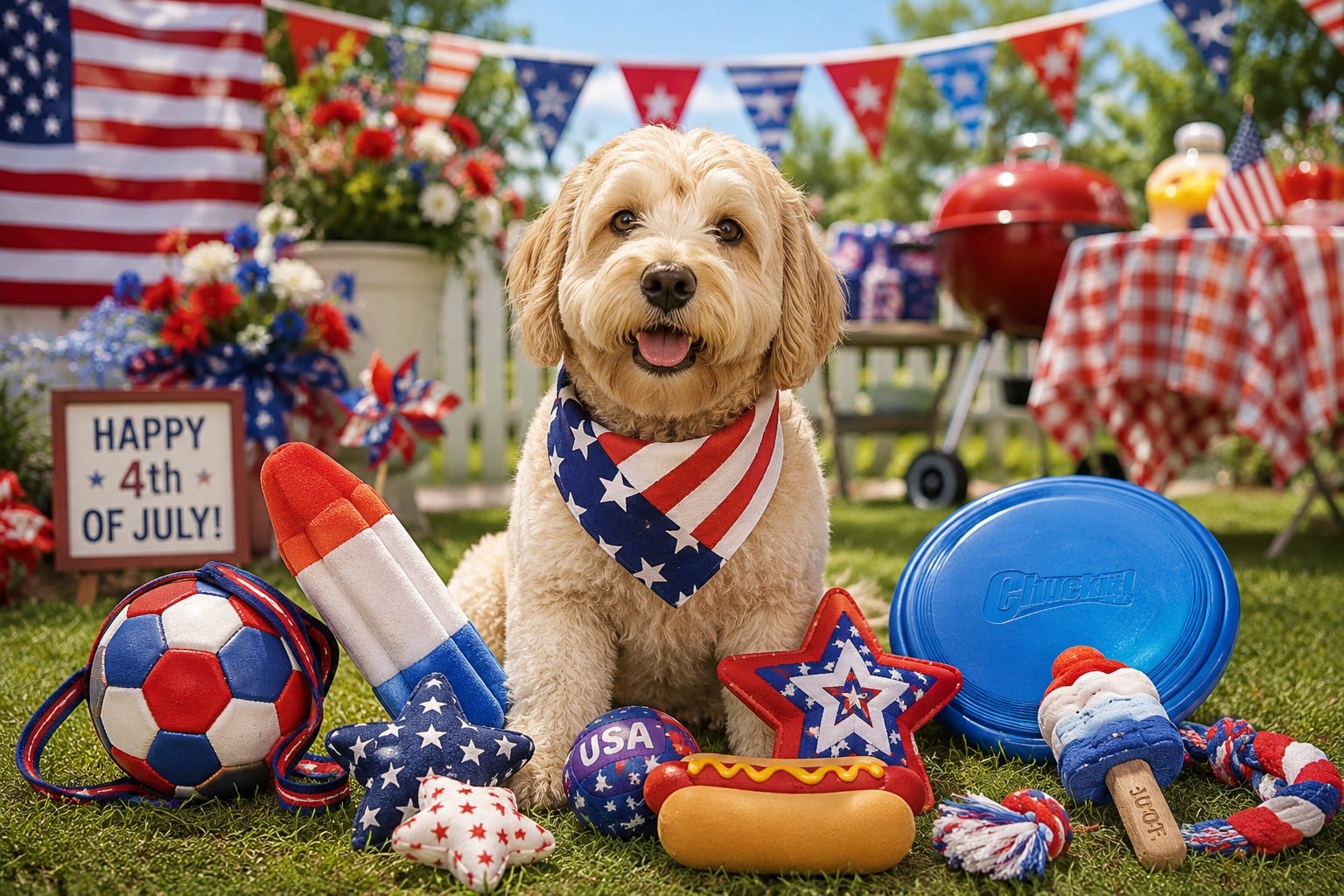 dog wearing american flag bandana at July 4th party