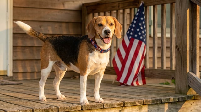 Beagle wearing patriotic collar standing on porch with American flag for Independence Day