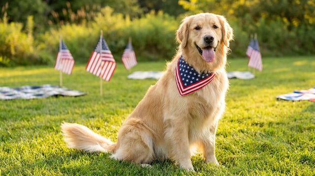 Golden retriever wearing patriotic bandana sitting outdoors with American flags for 4th of July