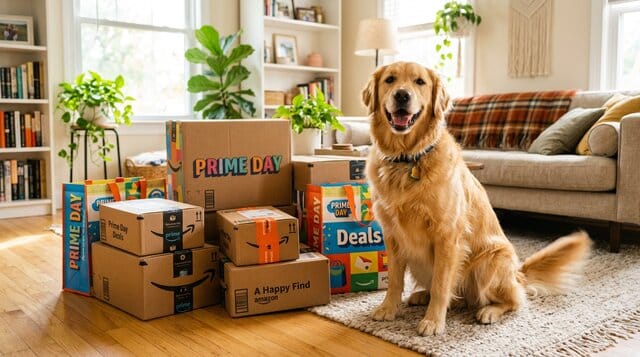Golden retriever dog happy about Amazon Prime Day deals