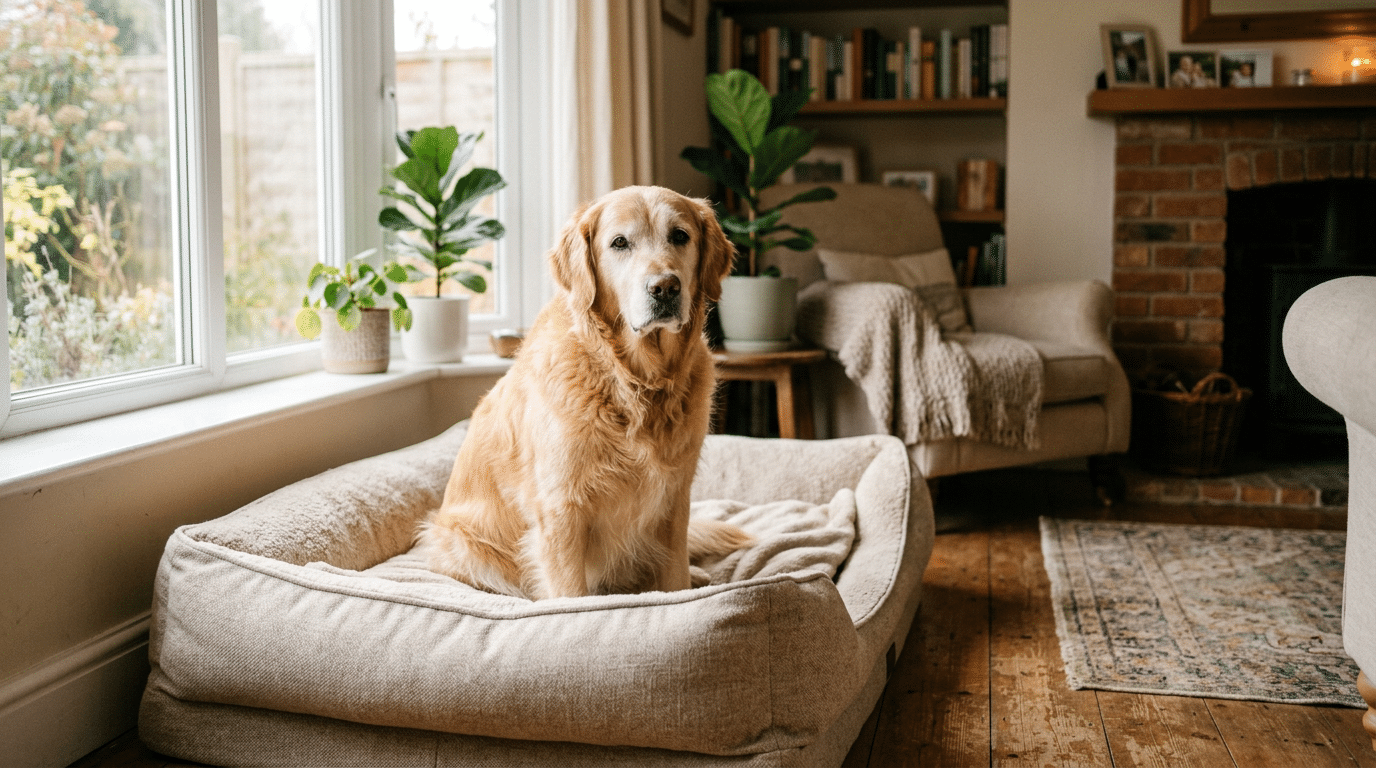 Senior golden retriever resting on a plush dog bed in warm lighting