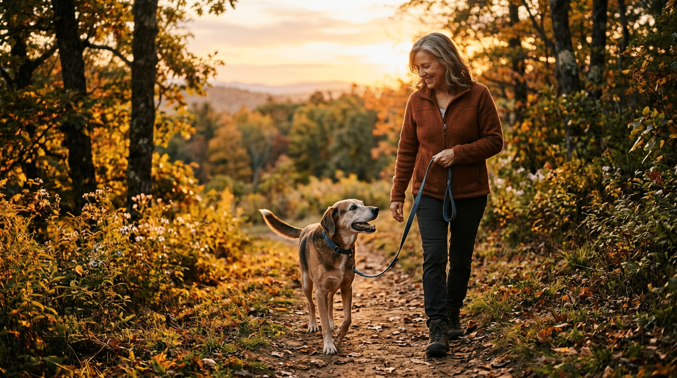 Senior dog walking happily on a nature trail at sunset with its owner