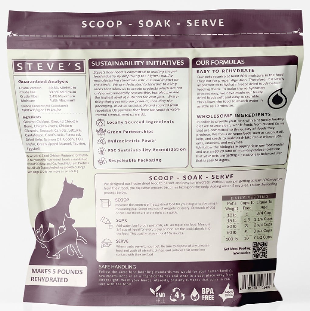 Steve's Real Food Chicken Recipe Freeze Dried package back