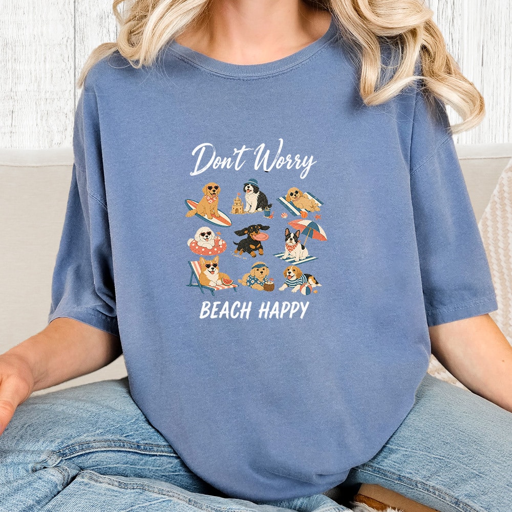Comfort Colors Don’t Worry Beach Happy Vintage Washed Tee - Blue Jean