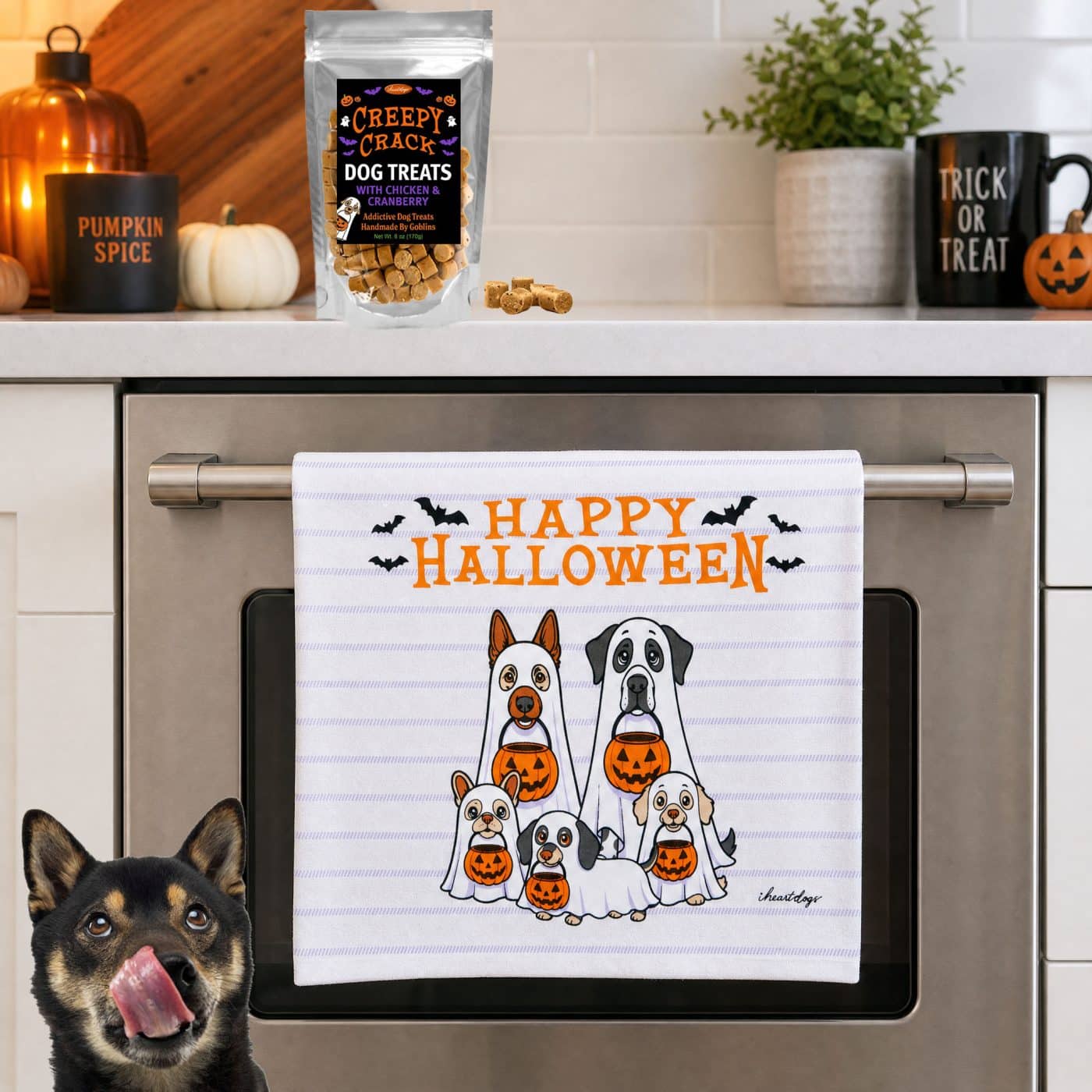 Happy Halloween Pumpkin Pups Kitchen Towel – Large 28″ x 19 ″, Donates 3 Meals to Shelter Dogs