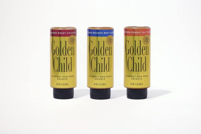 Three Golden Child Drizzle flavors: Braised Beef, Roast Chicken, and Peanut Butter
