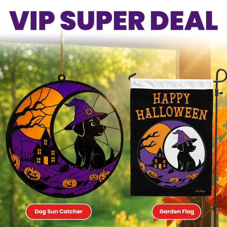 VIP ONLY Halloween Moonlit Dog Gift Set – Halloween Black Dog Witch Hat & Haunted House Acrylic Dog Window Ornament and Garden Flag