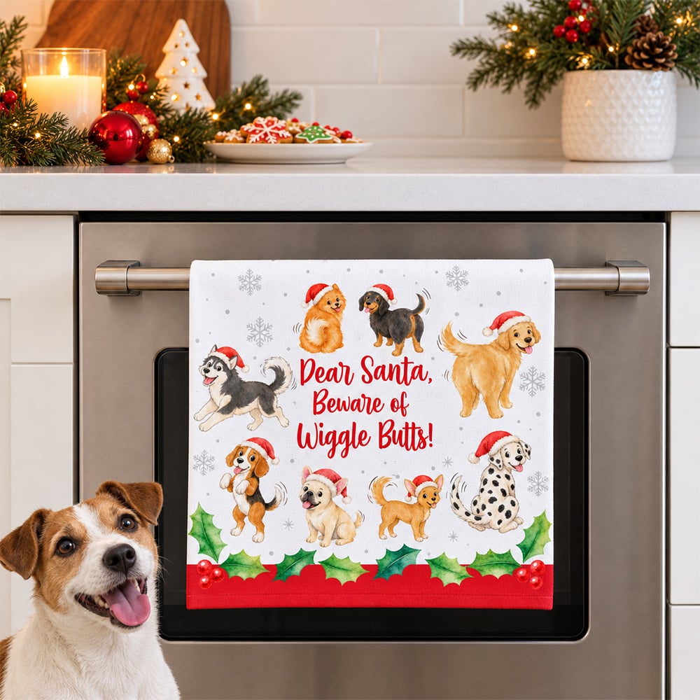 Wiggle Butts Christmas Dog Kitchen Towel- Large 28"x 19 "