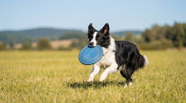 Border collie running joyfully with a blue frisbee across a grassy field
