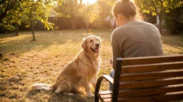 A Golden Retriever sitting happily outdoors with its owner, representing a healthy dog after allergy management
