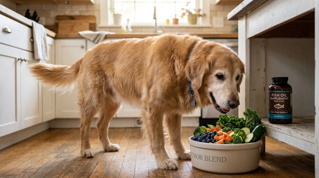 Senior dog with bowl of brain-healthy foods including blueberries and carrots and a fish oil supplement
