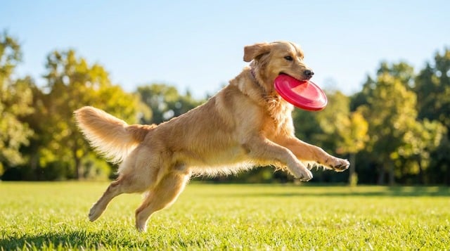 Golden retriever catching a red frisbee mid-air at a sunny park