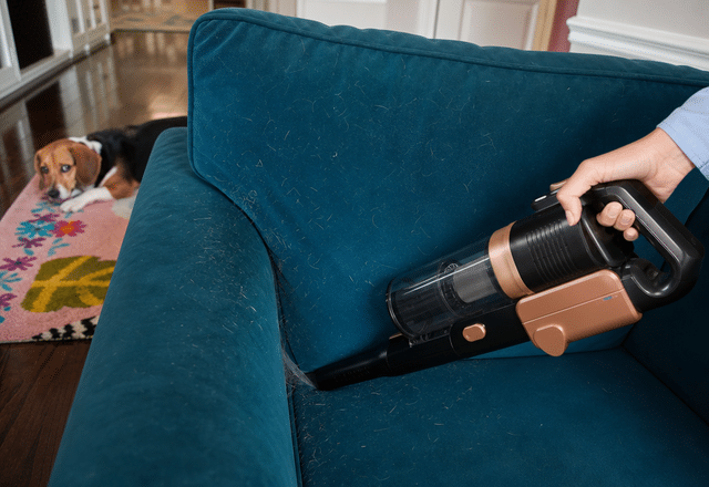 Dog hair woven into a teal velvet sofa being cleaned with the Levoit VortexIQ Pro handheld attachment