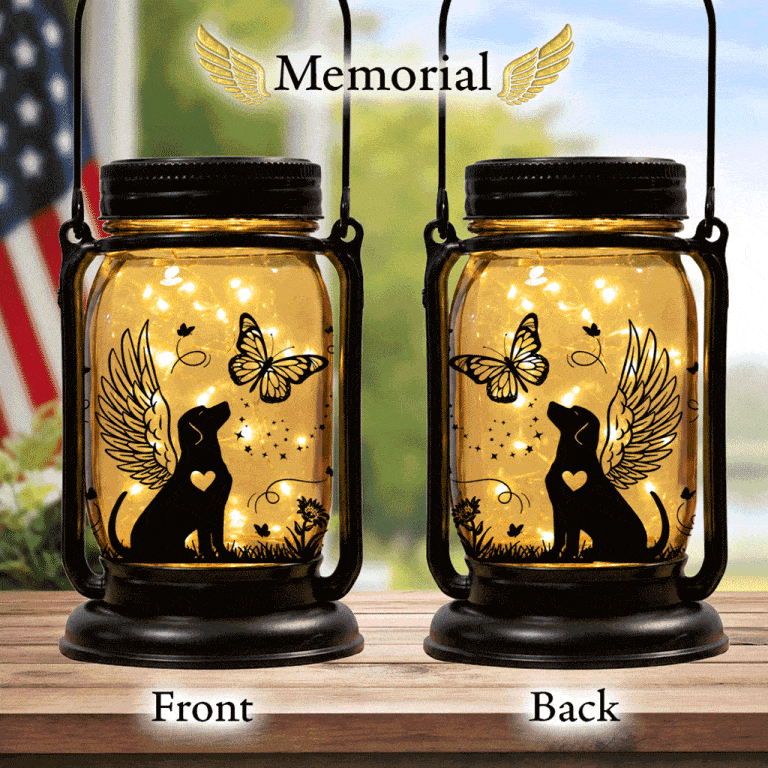 Memorial Mason Jar Solar Lantern – Includes 10 Seasonal Dog & Cat Inserts for Memorial, Mother's Day, July 4th, Halloween & Christmas