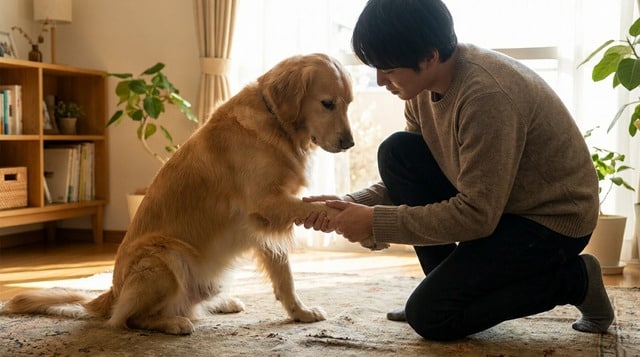 dog owner kneeling to examine their dogs front leg for signs of lick granuloma