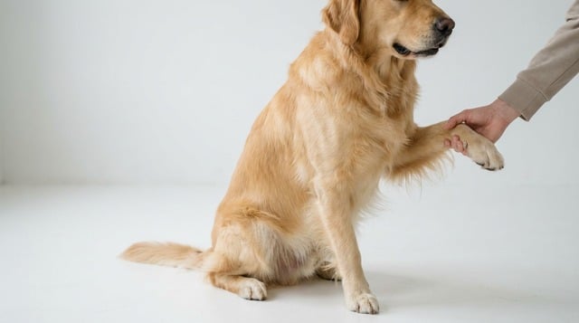 veterinarian examining dogs front paw for signs of lick granuloma