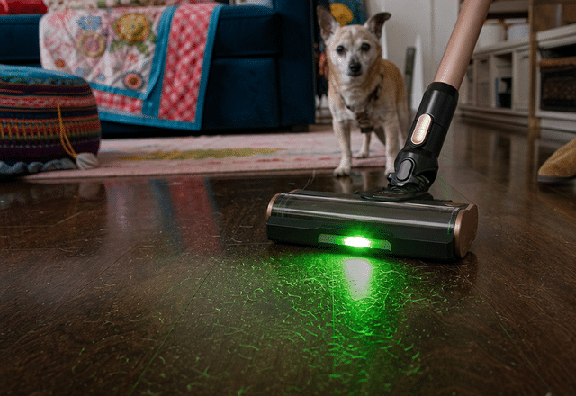 NeoSight green LED light revealing hidden dog hair on dark hardwood floors
