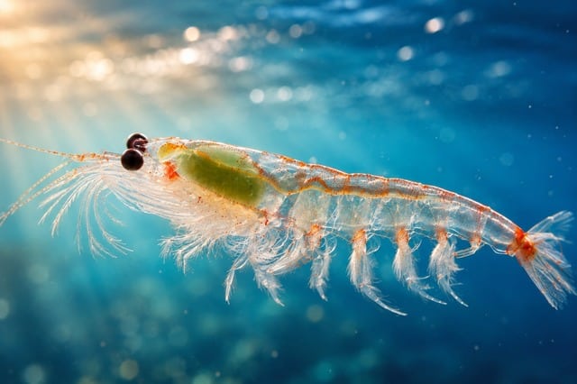 A close-up of Antarctic krill underwater, the source of krill oil supplements for dogs