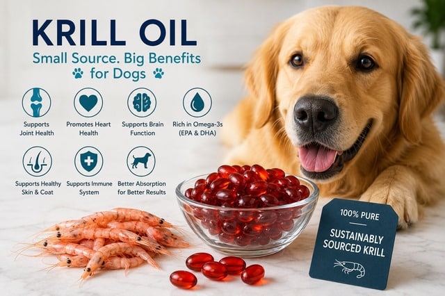 Krill oil for dogs infographic: Golden Retriever with krill oil capsules and benefits including joint health, heart health, brain function, and omega-3s