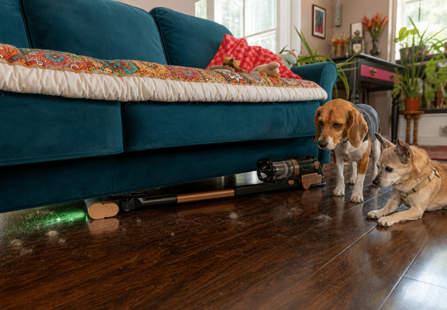Levoit VortexIQ Pro lying flat under a sofa, green light revealing dog hair tumbleweeds on hardwood