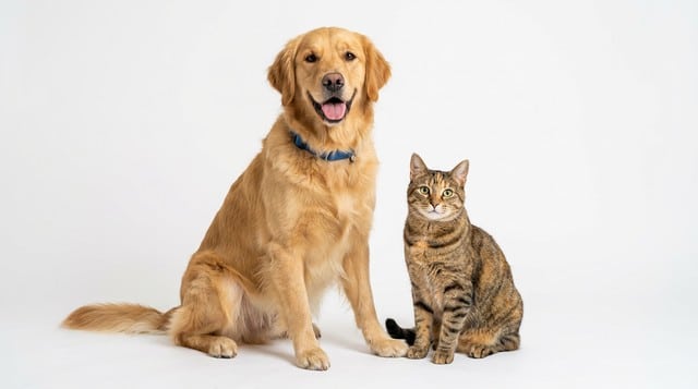 Golden retriever dog and tabby cat sitting together, both looking at camera, photorealistic studio portrait
