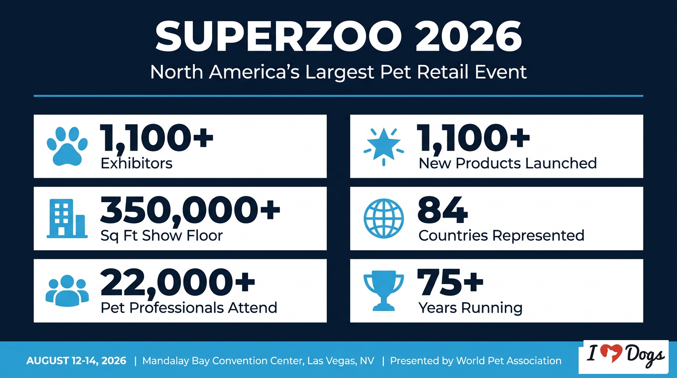 SuperZoo 2026 infographic showing key stats: 1100+ exhibitors, 350000 sq ft show floor, 22000 attendees, 84 countries, Mandalay Bay Las Vegas August 12-14