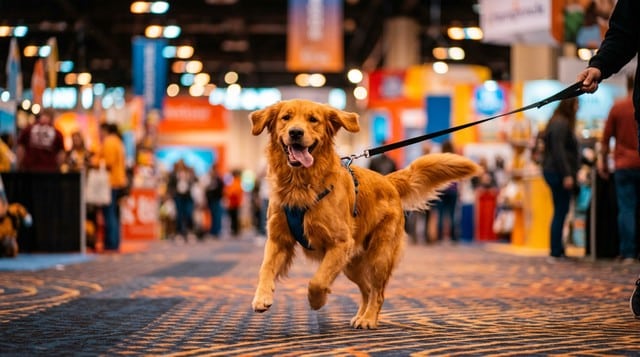 Excited golden retriever dog with tongue out at a colorful pet industry convention hall, representing SuperZoo 2026