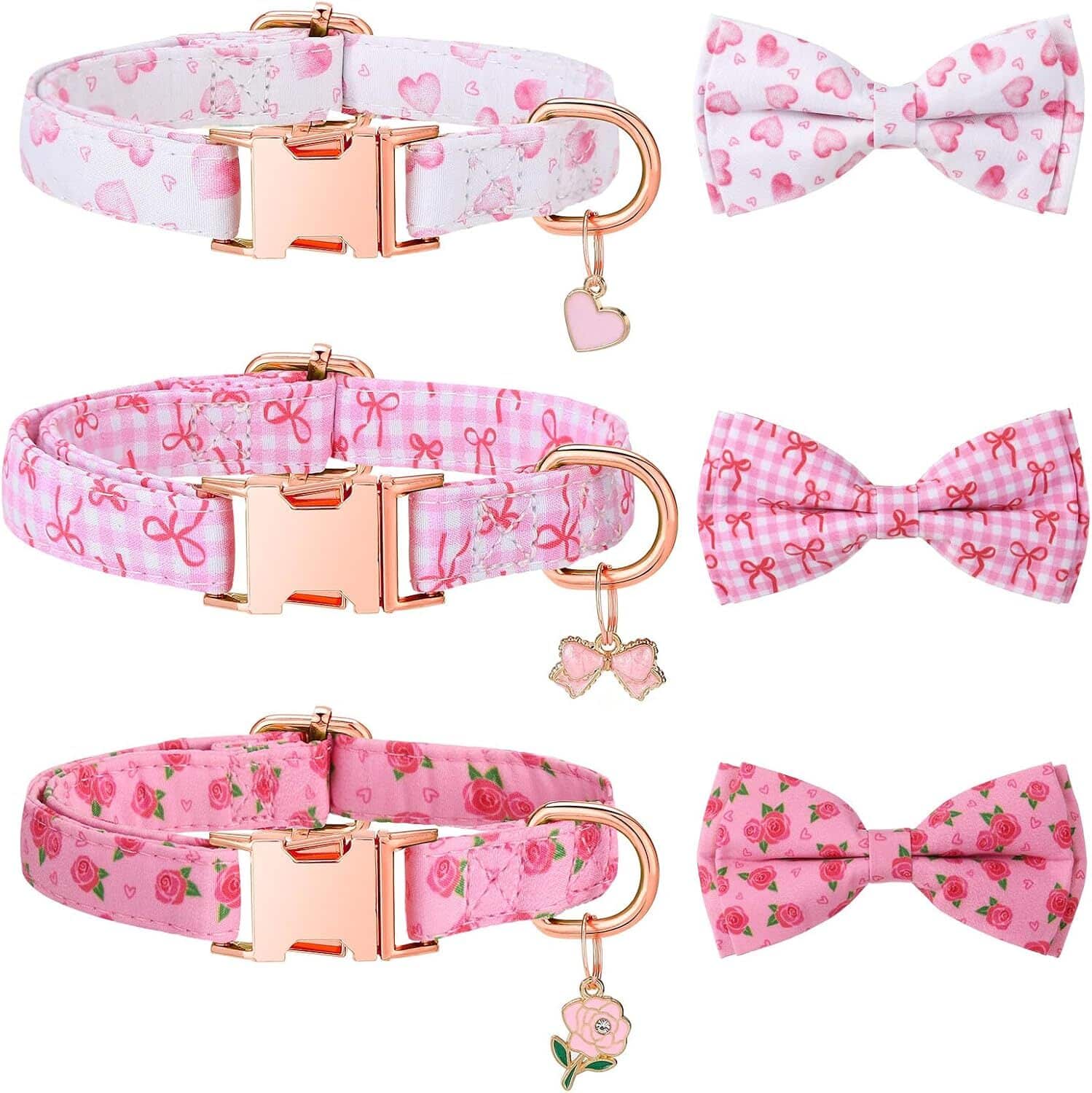 3 Pack Pink Dog Collars with Bow Tie featuring rose gold hardware and detachable bow ties